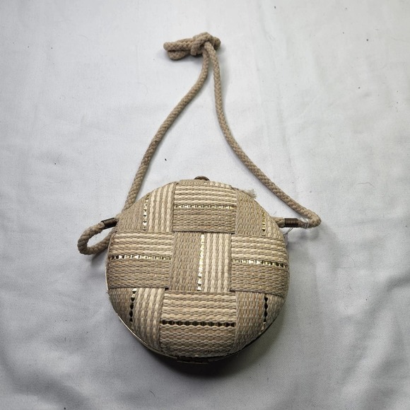 Vintage Italian Round Shoulder Bag Woven Rope Design Hinged - Picture 1 of 8